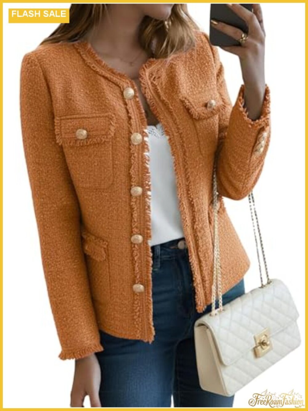 Women's Tweed Blazer Jacket, Crew Neck Open Front Office Coat with Pockets